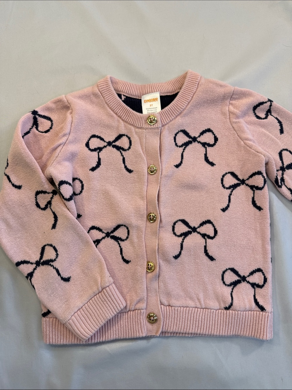 Gymboree Pink Bow-Print Knit Cardigan with Gold Buttons